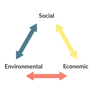 Arrows point in a triangle with the 3 corners reading 'Social, Economic and Environmental'