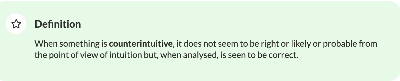 Definition: When something is counterintuitive, it does not seem to be right or likely or probable from the point of view of intuition but, when analysed, is seen to be correct.