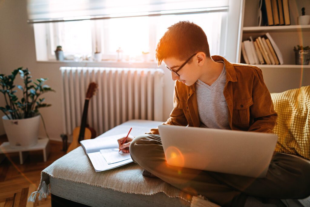 Teenage boy sitting on sofa, using laptop and writing notes during online classes.