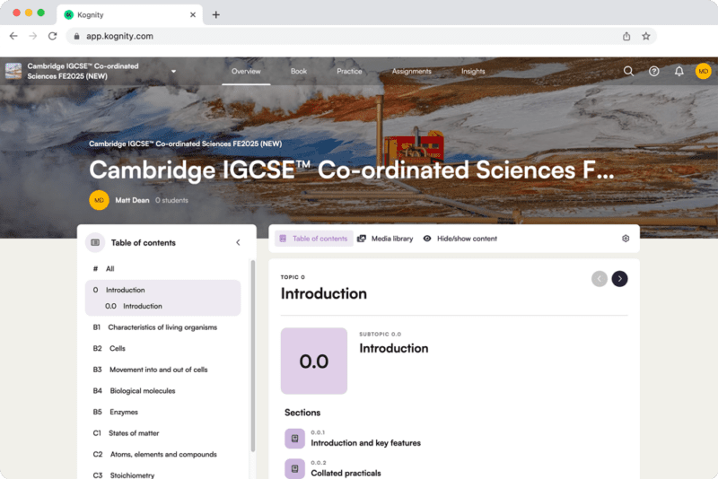 Kognity for Cambridge IGCSE Co-ordinated Sciences book cover