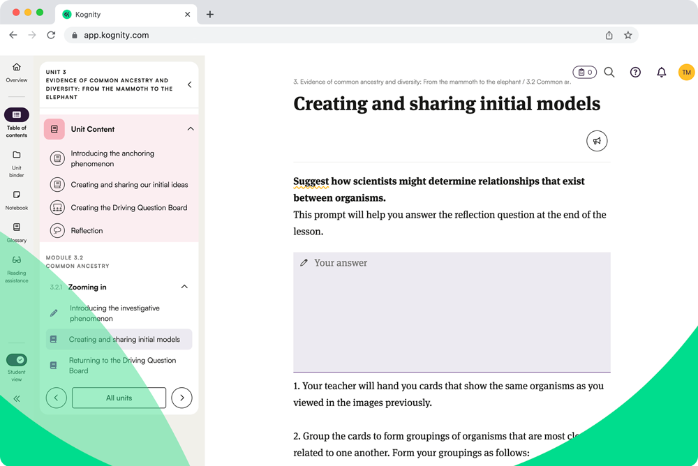 Kognity NGSS platform screenshot: creating and sharing initial models