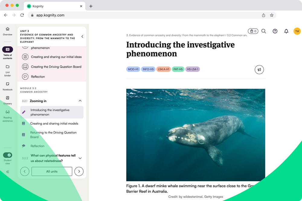 Kognity NGSS platform screenshot: introducing the investigative phenomenon