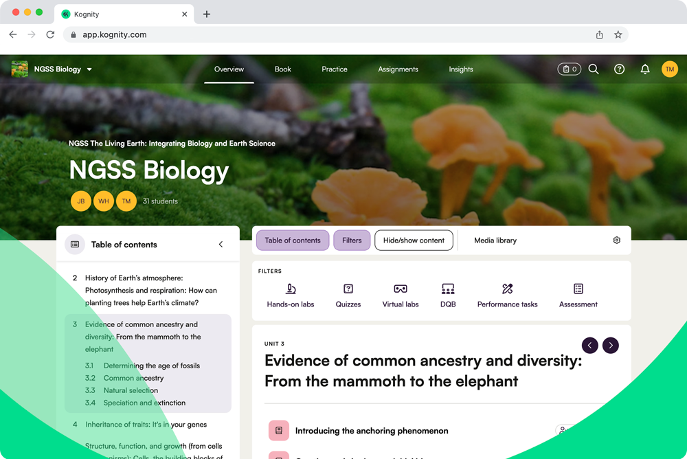 Kognity NGSS platform screenshot: introducing the anchoring phenomenon