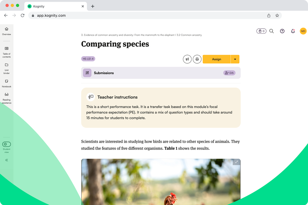 Kognity NGSS platform screenshot: summative assessment, Performance Task