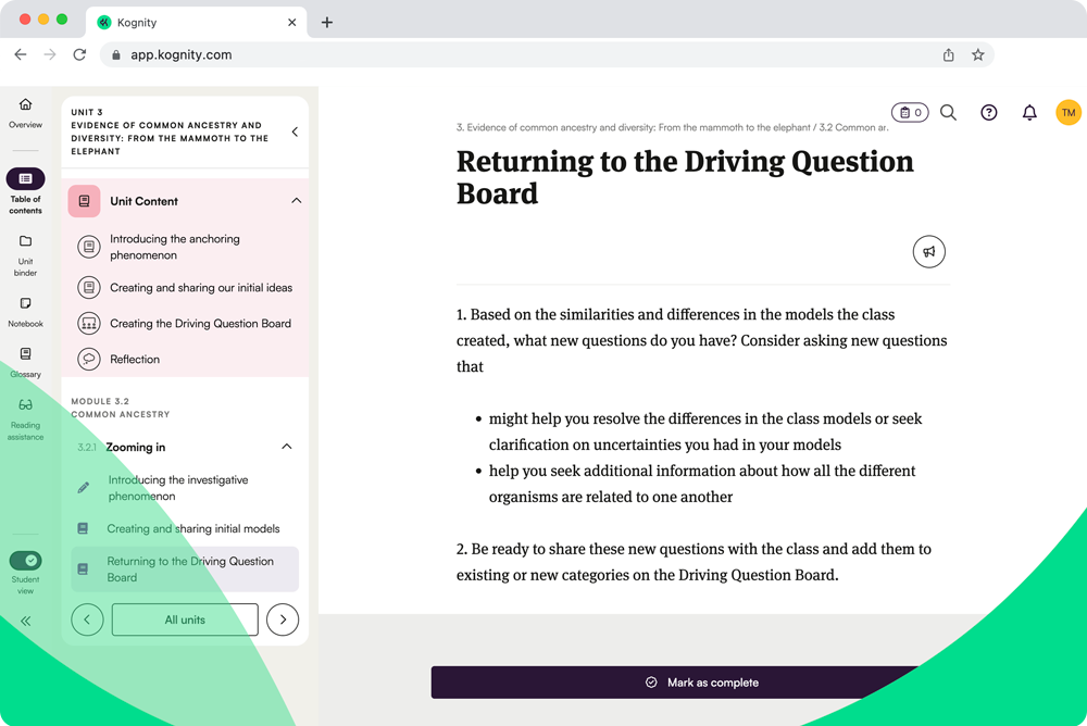 Kognity NGSS platform screenshot: returning to the Driving Question Board