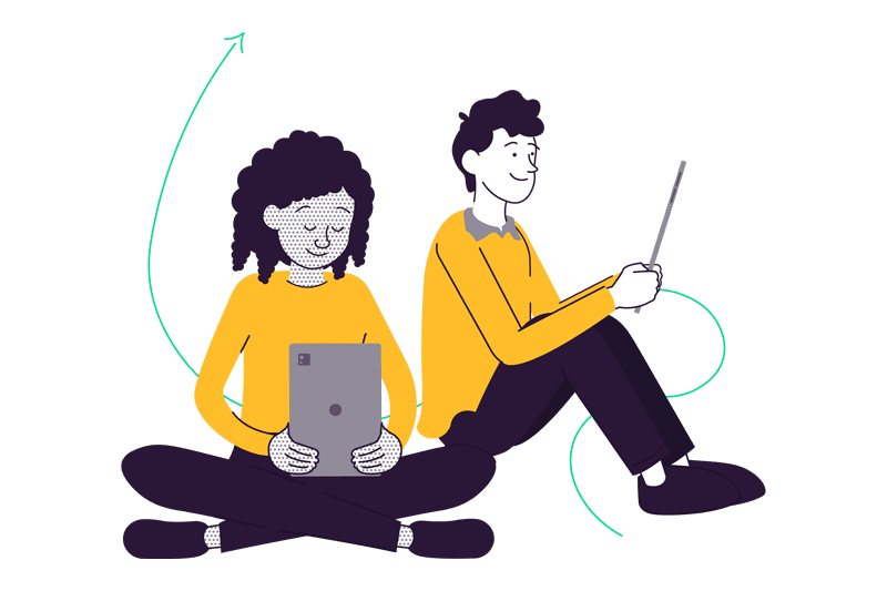 illustration of girl student and boy student on tablets