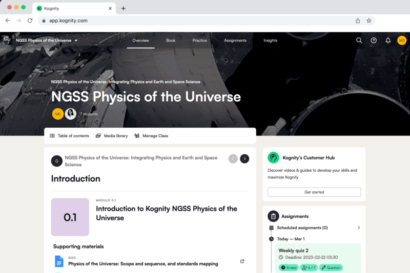Kognity NGSS Physics book overview page