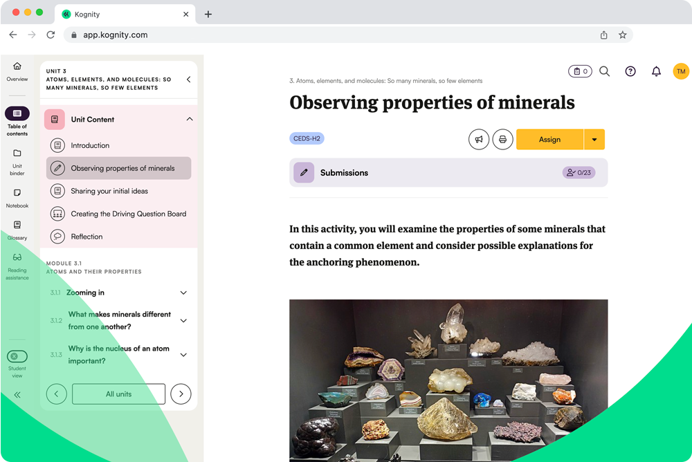 Screenshot of Kognity digital curriculum for NGSS Chemistry