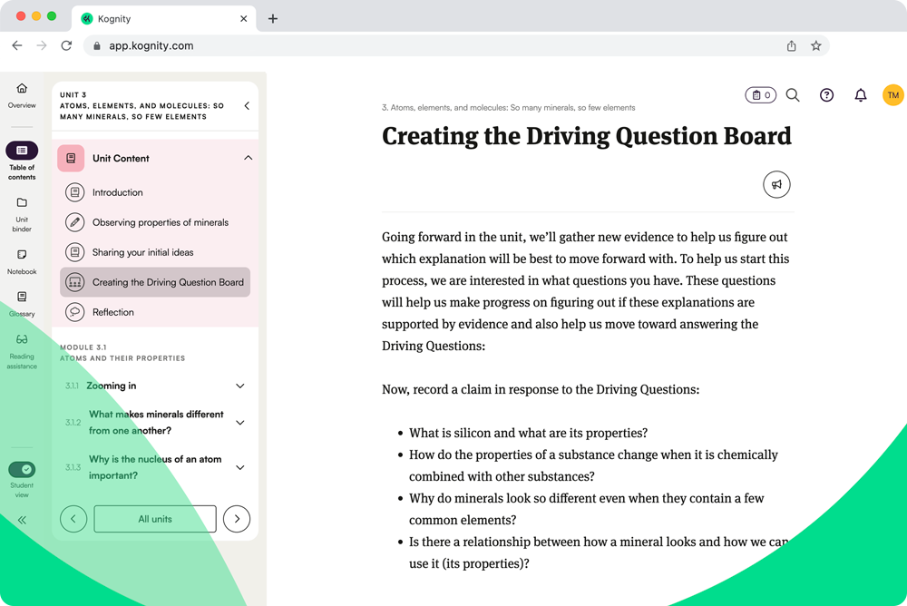 Screenshot of Kognity digital curriculum for NGSS Chemistry