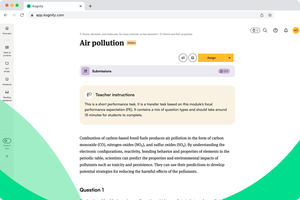 Screenshot of Kognity digital curriculum for NGSS Chemistry