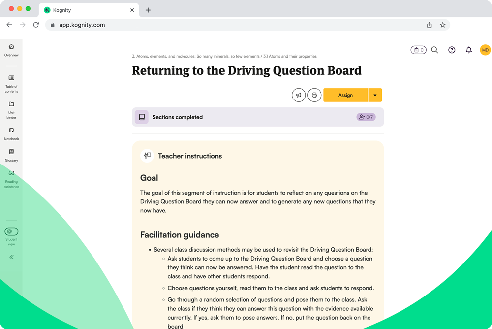 Screenshot of Kognity digital curriculum for NGSS Chemistry