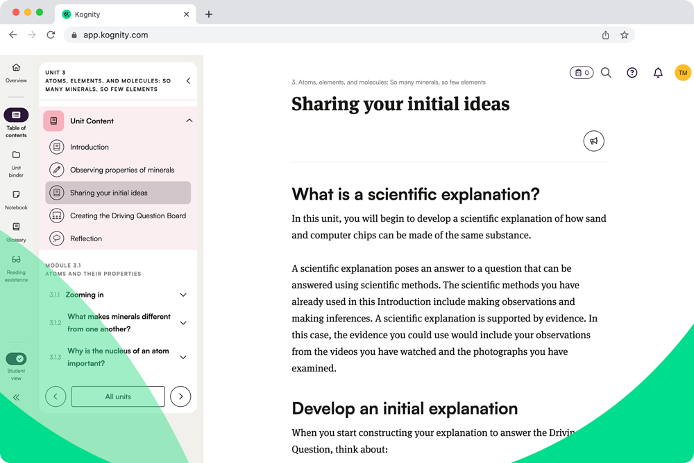 Screenshot of Kognity digital curriculum for NGSS Chemistry