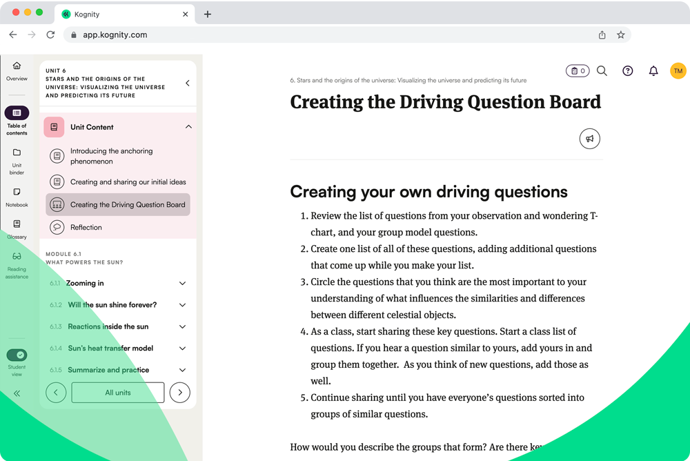 Kognity NGSS platform screenshot: creating the Driving Question Board