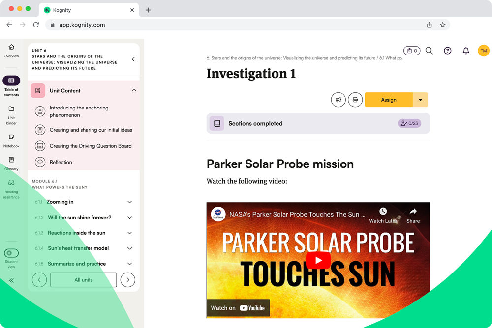 Kognity NGSS platform screenshot: investigation