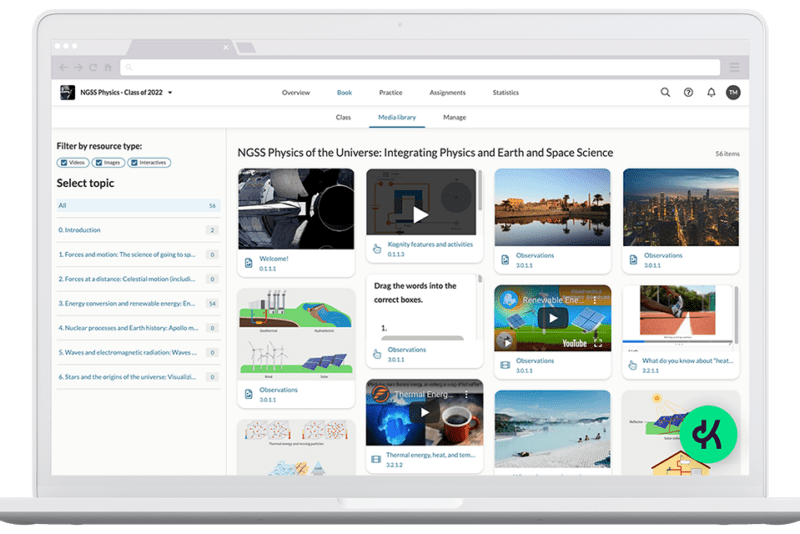 Screenshot of Kognity for High School Science media library