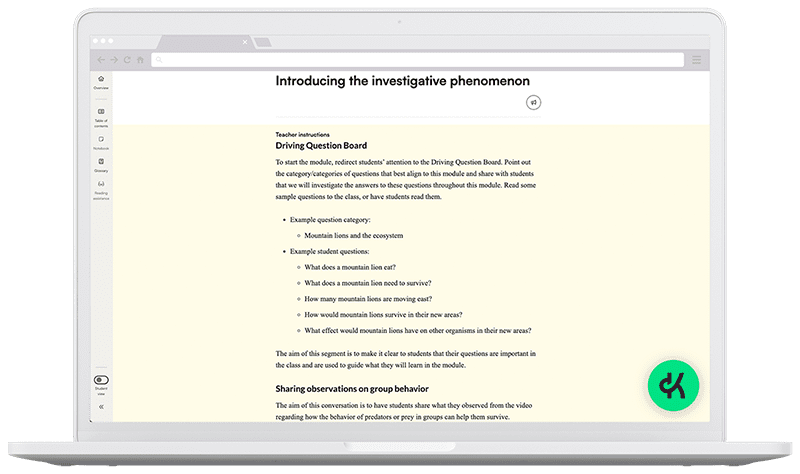 Kognity for High School Science driving question board