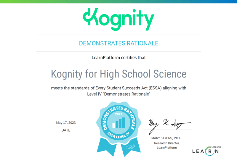 Kognity for High School Science certificate of meeting ESSA standards