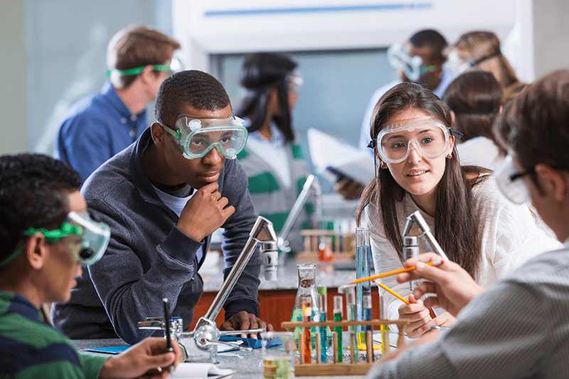 High school students in a science classroom
