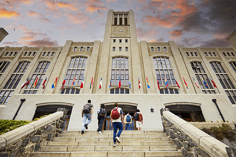 Students walking up stone steps into a school