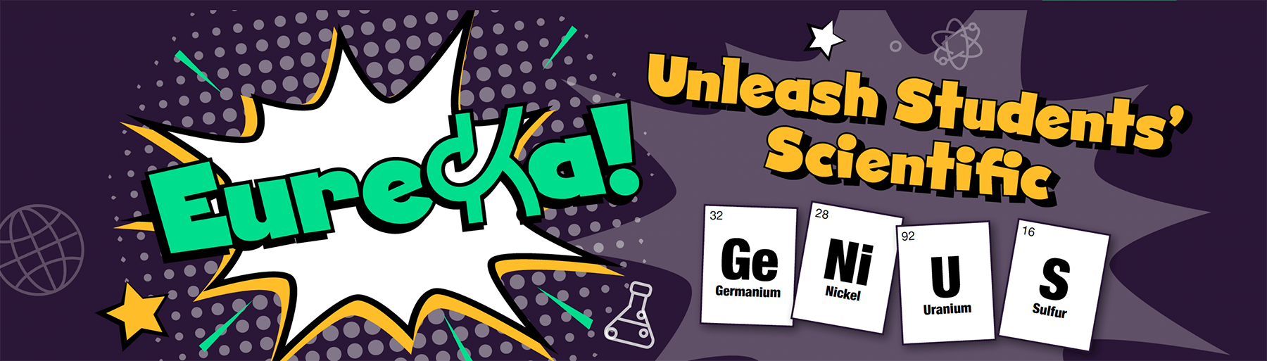 Cartoon-style speech bubble saying 'Eureka!' next to periodic table elements