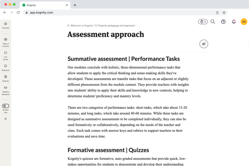 Screenshot of the Kognity NGSS platform showing Kognity's assessment approach