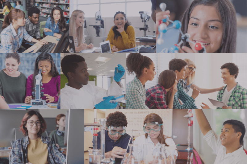 Collage of different high school students in science lab settings