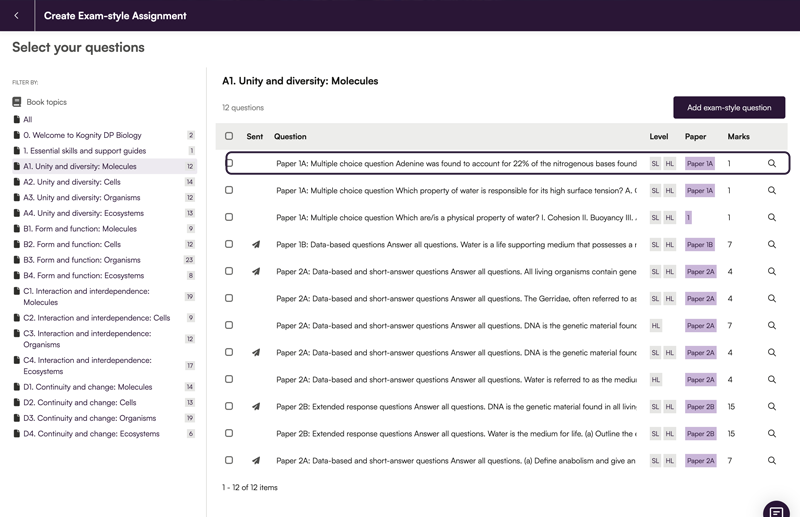 Interface showing question assignments in the Kognity platform