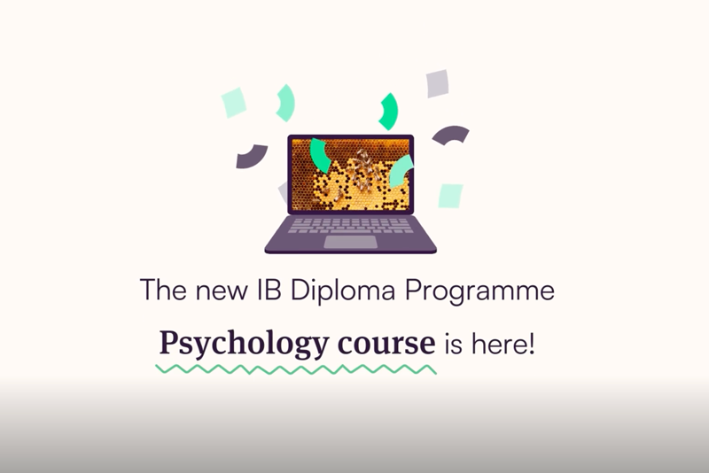 Laptop screen with title "The new IB DP Psychology course is here"