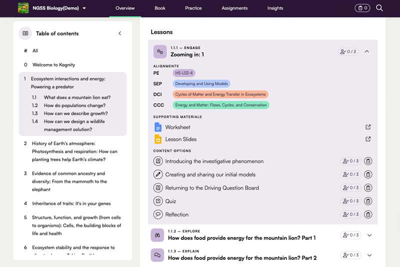 Kognity platform showing links to slide decks and student worksheets