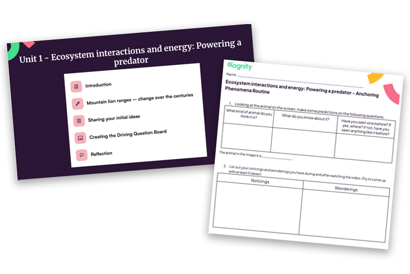 Screenshots of Kognity's high school science presentation and worksheet templates