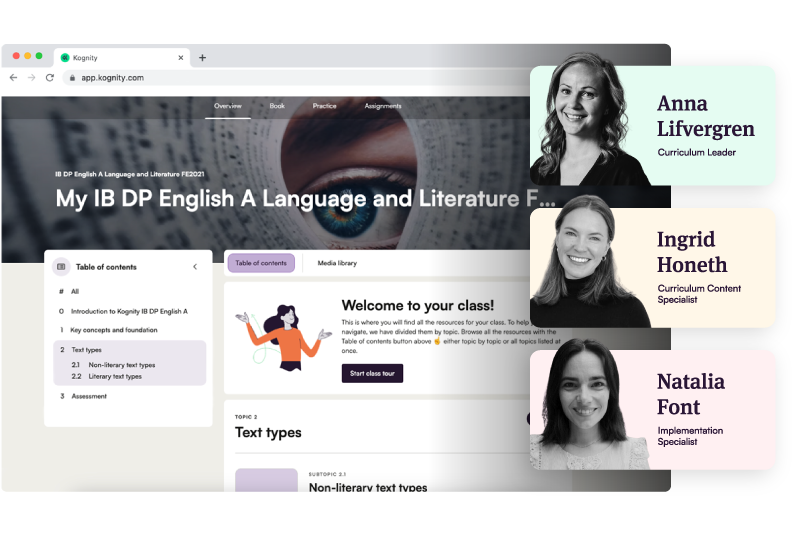 Kognity IB DP English A platform screenshot and photos of Kognity contributors