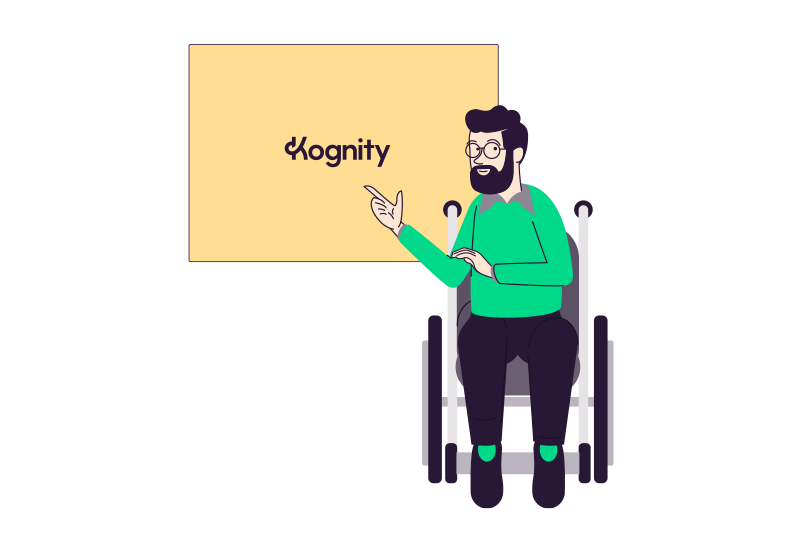 Male teacher in a wheelchair pointing at screen with Kognity on it