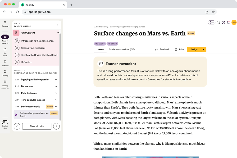 Kognity NGSS Earth and Space Science Performance Task: Surface of Mars vs. Earth