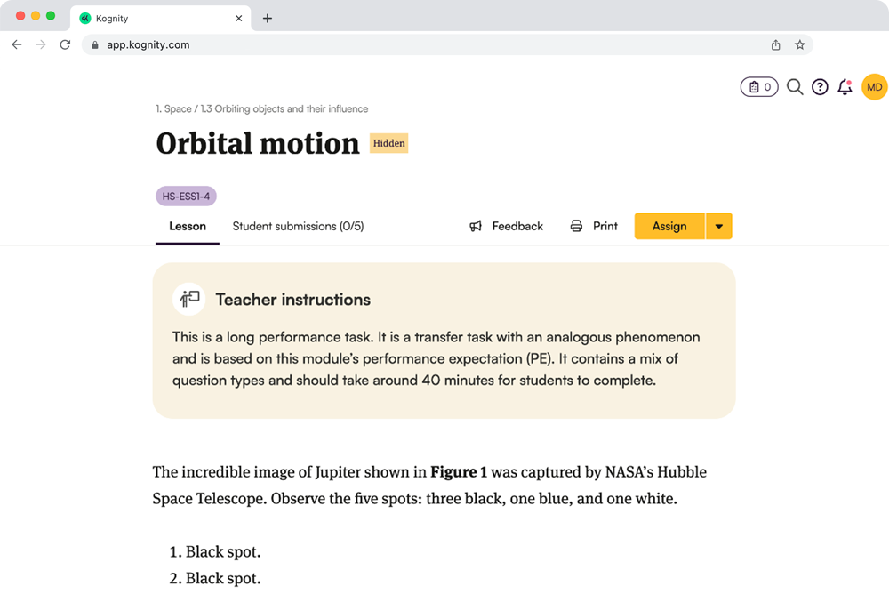 Kognity NGSS Earth and Space Science Performance Task: Orbital Motion