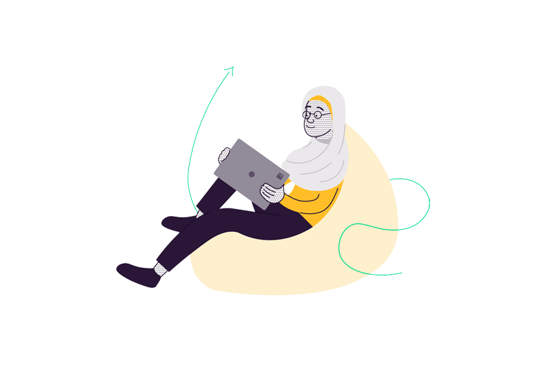 Cartoon figure with headscarf sitting on a bean bag with a laptop computer