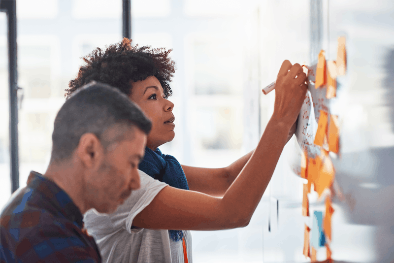 Two adults writing on post-its stuck to a whiteboard