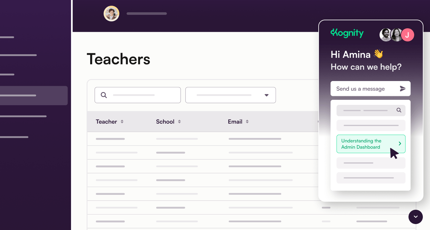 Visualization of Kognity's Help Widget in the Admin Dashboard view